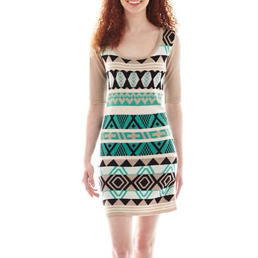 Take Out 3/4-Sleeve Aztec Print Sweater Dress
